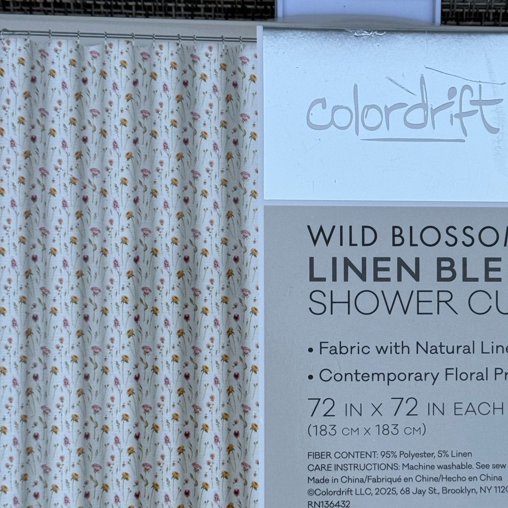 Colordrift Wild Blossoms Linen Blend Floral Fabric Shower Curtain 72"x72" - Picture 8 of 8